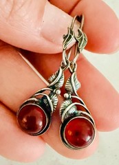 Vintage Sterling Silver Cognac Amber Cabochon Drop Earrings | Ornate Leaf Vine D