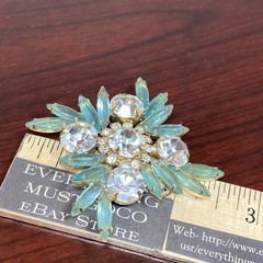 MCM Light Aqua Blue Glass Faceted Prism Rhinestones Pin Brooch 2.5” Goldtone Vtg