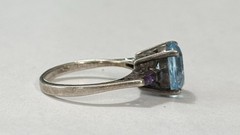 Vintage KL 925 Sterling Silver Big Sky Blue Topaz Amethyst Baguettes Ring Sz6.75