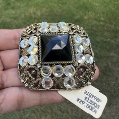 VTG Brooch Pin 2 Inch Black Glass Cab Clear Rhinestones Gold Tone Filigree NWT