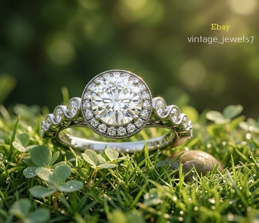 1.94CT Round Cut Halo Vintage Lab Created Diamond Engagement Ring 14K Gold Over