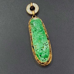 Vtg Chinese Mottled Green Jadeite Pendant w 14K Gold & Diamond Bale (AHB) 405