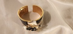KJL Kenneth Jay Lane Flower Hinged Black & White Enamel & Rhinestone Bracelet