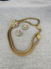 Vintage Mesh Lariat Necklace Earrings Gold Tone Rhinestones Colored Stones READ