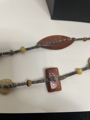 Vtg. Polished Stone Necklace Fall Autumn Jewel Long Moon Bead Beaded Boho Strung