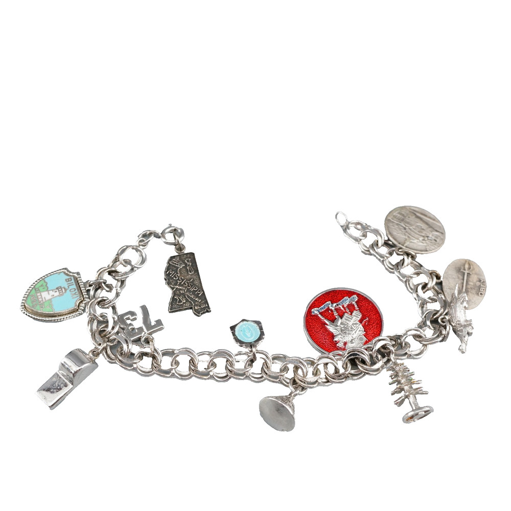1974 Sterling Silver Double Link Chain W/ 11 Charms Bracelet 7.25” VTG 37.7g