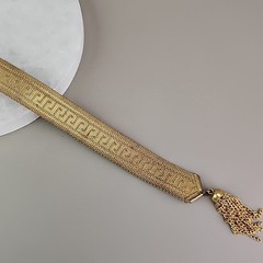Vintage Mesh Chain Bracelet Victorian Revival Greek Key Tassel Gold Tone 7.25″