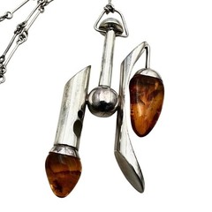 Unusual Rare Vintage Modernist Sterling Silver Amber Necklace 2 Bugs In Amber