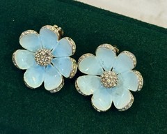 Vintage Signed MARVELLA Blue Enamel Flower Clip On Earrings Rhinestones*, 1960s