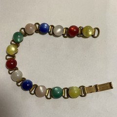 Vtg Multicolor Glass Cabochon Brass Bracelet Fold over Clasp 7.25”