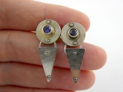 Vintage IC Signed Handmade Sterling Silver Iolite Modernist Earrings 925 1.25 In