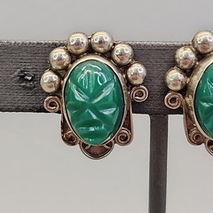 Vintage Tribal Mask Earrings Mexico Screw Back Green Onyx Stone 1″