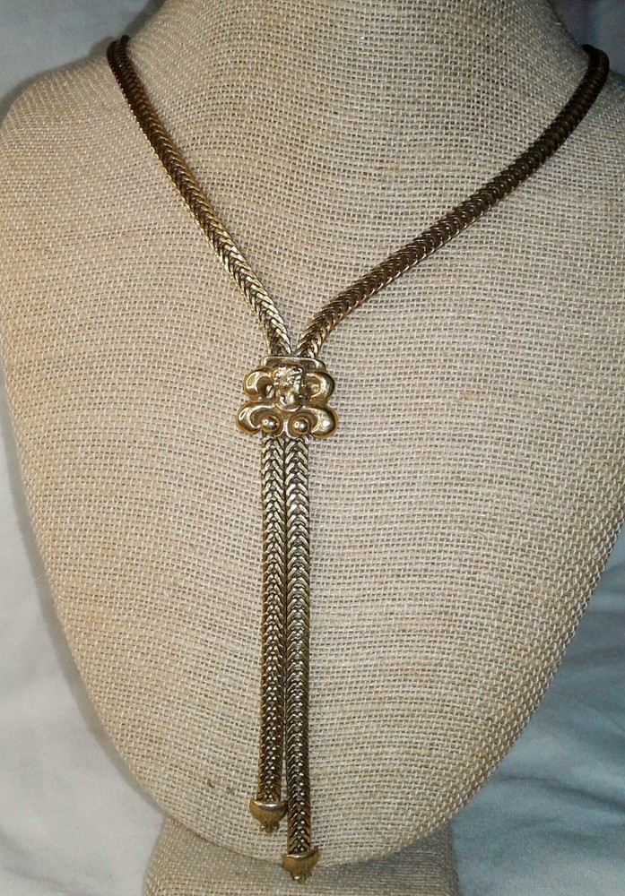 Vintage Signed Goldette Cameo Tassel Necklace Lariat Gold Plated Herringbone