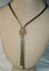 Vintage Signed Goldette Cameo Tassel Necklace Lariat Gold Plated Herringbone