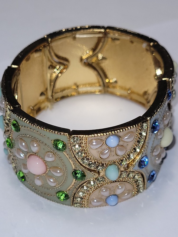 Vintage Wide Cuff Cloisonné Bracelet Ornate Enamel Rhinestone Gold-tone Jewelry