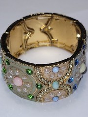 Vintage Wide Cuff Cloisonné Bracelet Ornate Enamel Rhinestone Gold-tone Jewelry