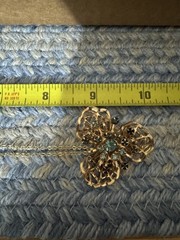 Judy Lee Style floral brooch Necklace blue rhinestones in a gold-tone filigree