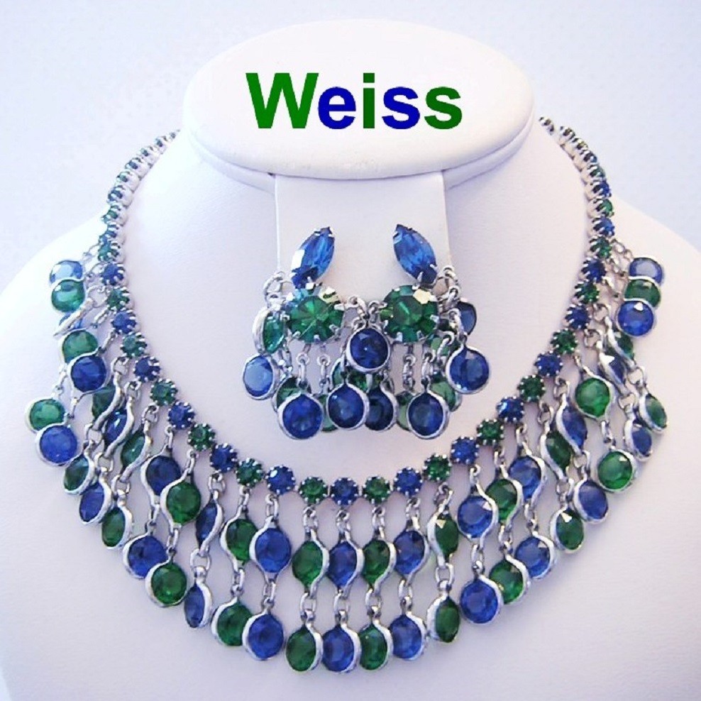 WEISS Lavish ADMIRAL BLUE & FOREST GREEN Rhinestones FRINGE Necklace & Earrings