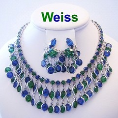 WEISS Lavish ADMIRAL BLUE & FOREST GREEN Rhinestones FRINGE Necklace & Earrings