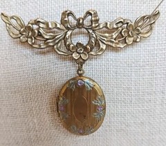 Vintage Locket Pendant Brooch with Flowers & Bow 2.5″ Wide & 2″ Long 441J