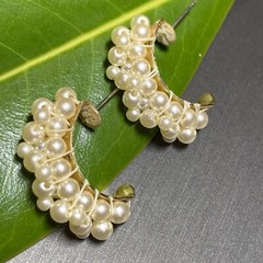 Vintage Pearl Half Hoop Earrings Estate Jewelry Pre-Owned Wrapped Unusual Huggie