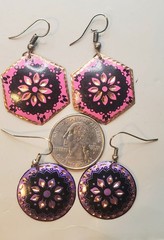 4 Pr. Vtg COPPER Artisian Earrings: Buddha Knot, Basket, Pink & Purple Enamel