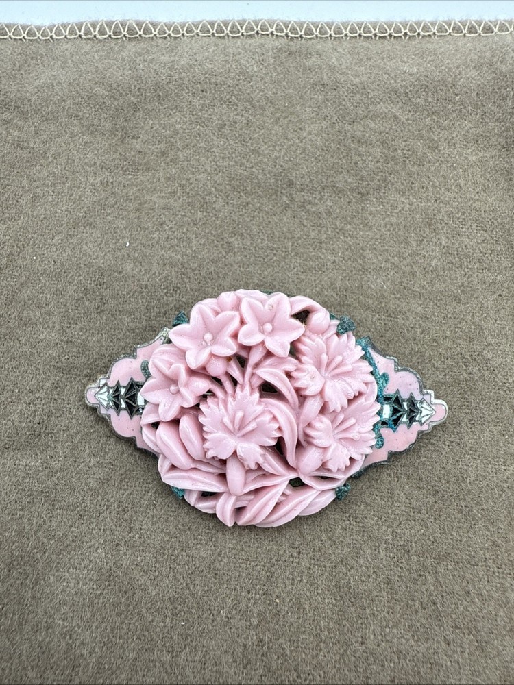Art Deco Art Nouveau Molded Carved Pink Enamel Floral Brooch Pin