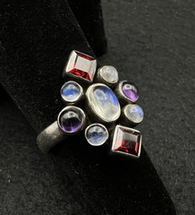 Nicky Butler Sterling Silver Garnet Moonstone Amethyst Cluster Ring Size 5.75