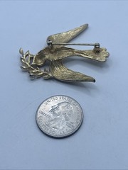 Vintage Signed Marvella Bird Textured Gold Tone Blue Rhinestone Eyes Pin Brooch