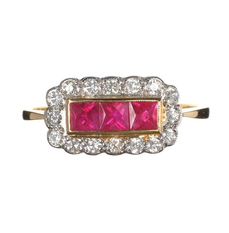 18KT GOLD FINISH RUBY AND LAB CREATED DIAMOND CLUSTER 925 STERLING SILVER RING