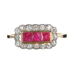 18KT GOLD FINISH RUBY AND LAB CREATED DIAMOND CLUSTER 925 STERLING SILVER RING
