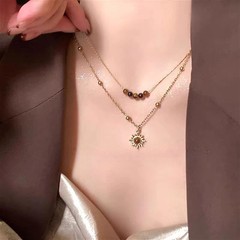 Vintage Leather Brown Stone Pendant Necklace Women’s Retro Stacking Choker