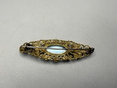 Czech Vintage Turquoise Blue Glass Cabochon Brass Filigree Brooch Pin 2.25”