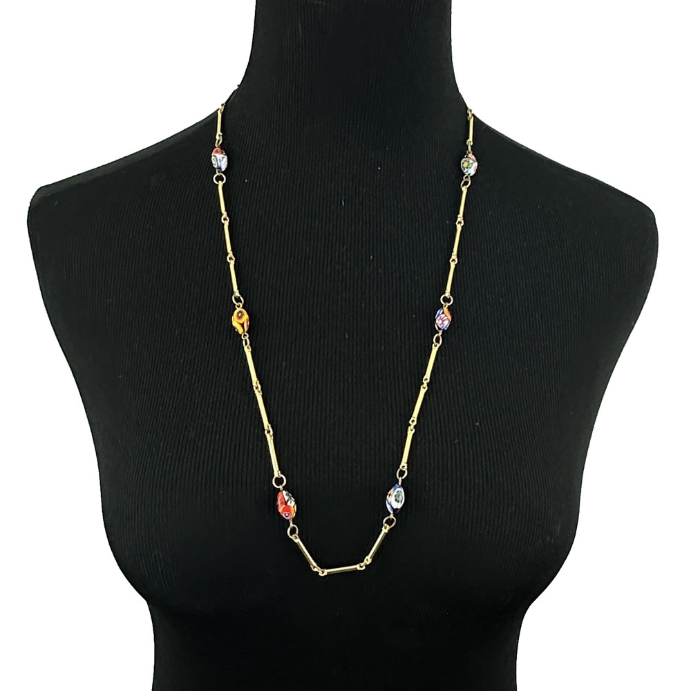MILLEFIORI bead necklace – vintage Murano glass 28.5″ gold-tone bar link chain