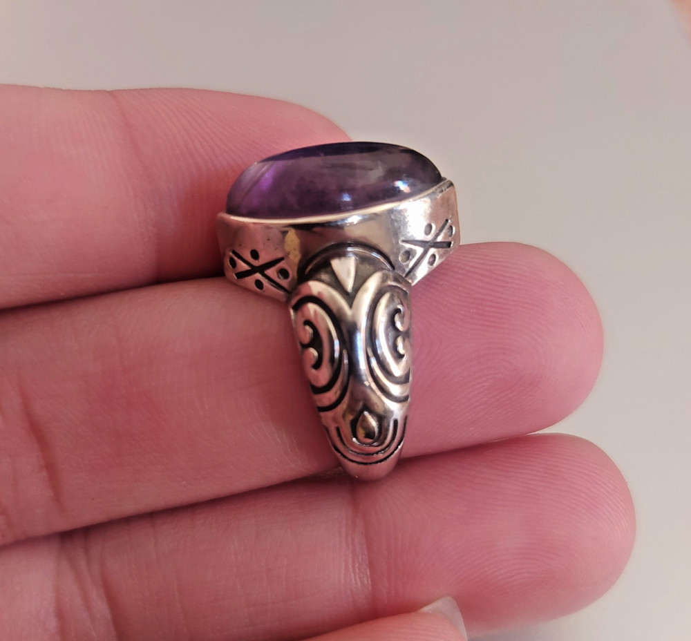 Ancient Vintage Victorian Sterling Silver Ring Natural Amethyst Stone Size 8