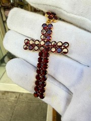 Antique Art Deco Gild Gold Table Cut Bohemian Garnets Cross Neck Pendant 2.75”