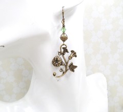Art Nouveau Floral Brass Earrings Green Crystal Dangle Leverback Vintage Style