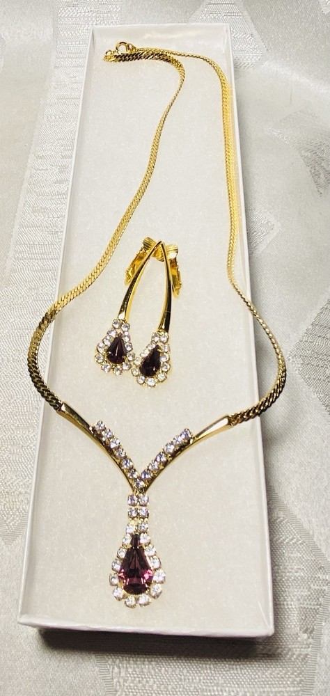 Vintage Rhinestone Purple Teardrop Necklace & Earring Set Statement Jewelry 3pc