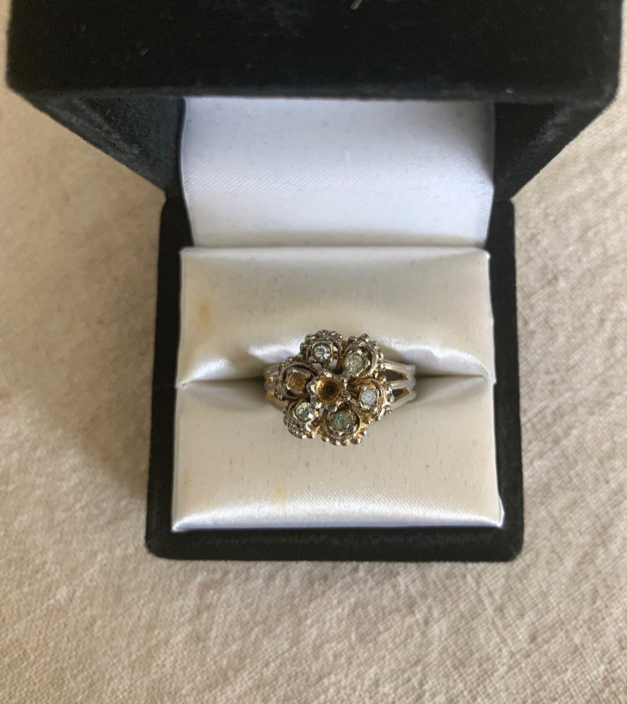 Vintage Floral Cluster Ring Adjustable Silver Tone Rhinestone Missing Stone