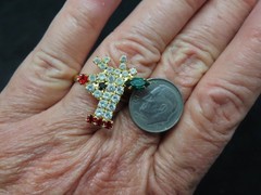 Vintage Gold Tone Xmas Rudolph Reindeer Rhinestone Ring ADJUSTABLE