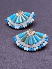Vintage Aqua Blue Beaded Rhinestone Fan Earrings