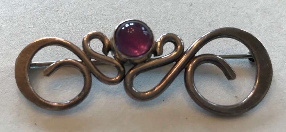 Vintage Fancy Sterling Silver & AMETHYST MODERNIST STUDIO PIN BROOCH signed TJW