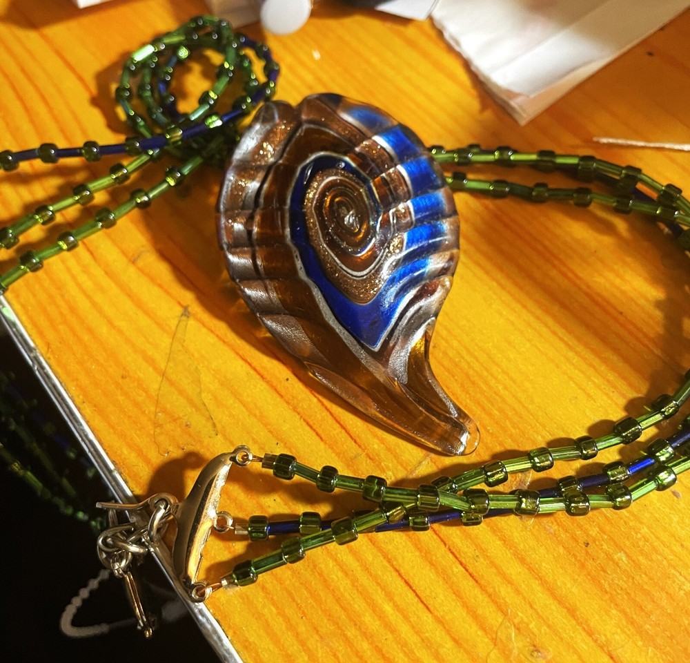 Vintage Paisley Peacock Glass Pendant on Iridescent green glass necklace 18 inch