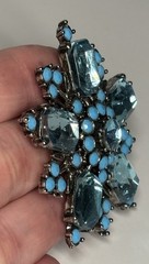 Vintage Brooch Pot Metal Glass Acrylic Blue Rhinestones Flower Starburst