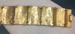 Vintage Peruvian Alpaca Bracelet Story Teller Gold Tone Brass Wide Cuff Repousse