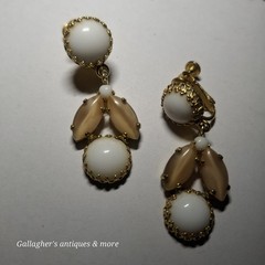 Pair of vintage white DANGLE DROP Clip on earrings maybe Trifari Or Schreiner