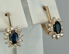 Vintage Original Natural Sapphire & Diamond Rose Gold Earrings 585 14K 2.45 g.