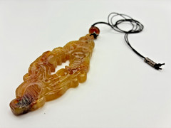 21st & Stone Carved Old Jade Carnelian Bead Leather Cord Silver Accents Necklace