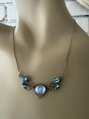 VINTAGE ESTATE STERLING SILVER MOONSTONE CABOCHON BLUE TOPAZ CHAIN NECKLACE 18″