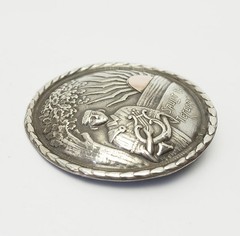 Antique ethnic folk motif woman w harp large round silver brooch pin Latvia